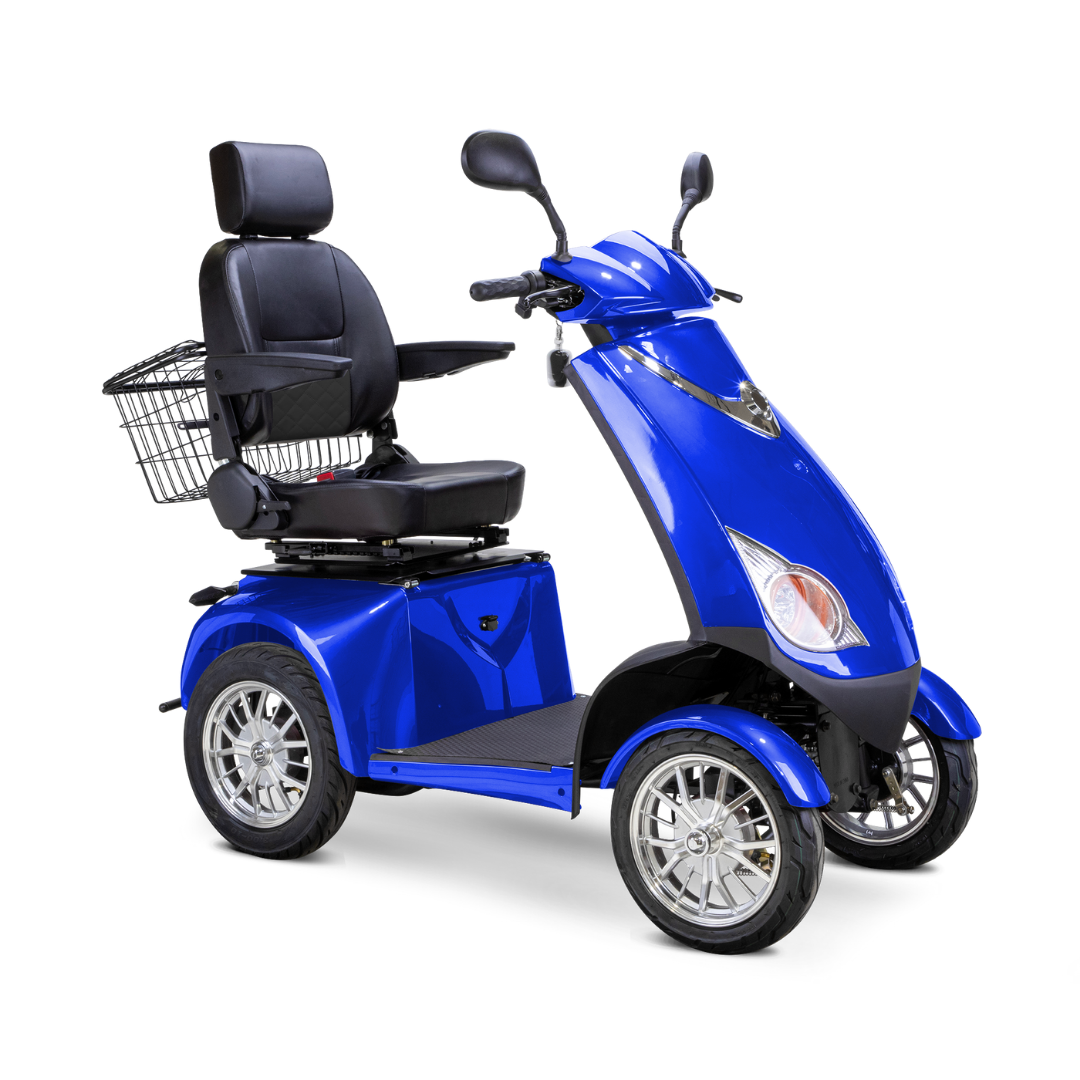 The Bespoke Platinum Recreational 4-Wheel Scooter with Electric Brake Assist features a blue design, padded seat, armrests, backrest, handlebars, headlights, and rear metal basket for enhanced accessibility and comfort.